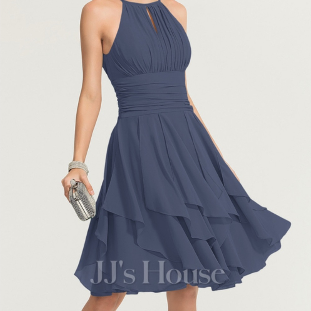 NWT JJs House Stormy blue Aline Chiffon Cocktail Cascading ruffles Dress size 8